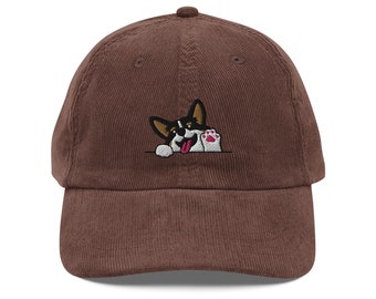 Waving Tricolor Corgi Embroidered Vintage Corduroy Cap, Cute Corgi Lover Gift, Funny Corgi Dog Hat, Handmade Unisex Corduroy Cap Gifts