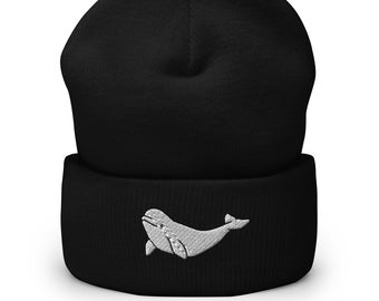 Beluga Whale Embroidered Cuffed Beanie, Beluga Whale Lover Gift Unisex Beanie Hat, Knit Beanie Handmade Beanie Winter Hat - Multiple Colors