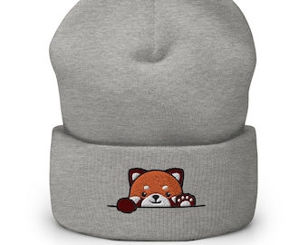 Gorro de punto unisex con puños bordado de panda rojo