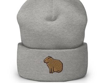 Embroidered Capybara Beanie: Cuffed Knit Slouchy Winter Hat