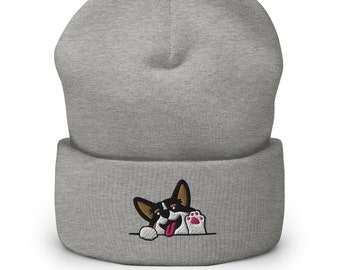 Embroidered Corgi Cuffed Beanie - Tricolor Waving Dog Winter Hat