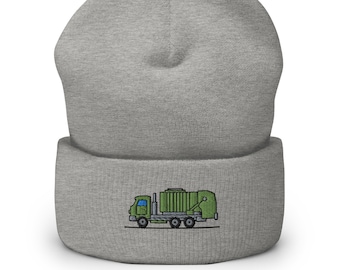 Garbage Truck Embroidered Beanie, Funny Truck Driver Gift, Handmade Cuffed Knit Unisex Slouchy Adult Winter Hat Cap Gift - Multiple Colors