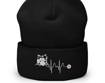 Drum Heartbeat Embroidered Cuffed Beanie, Embroidered Drum knit Beanie Hat, Drummer Lover Gift, Handmade Cuffed Beanie - Multiple Colors