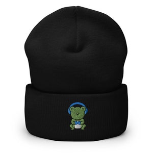 Gamer Frog Embroidered Cuffed Beanie,  Frog Lover Gift Hat, Handmade Cuffed Knit Unisex Slouchy Adult Winter Hat Gifts - Multiple Colors