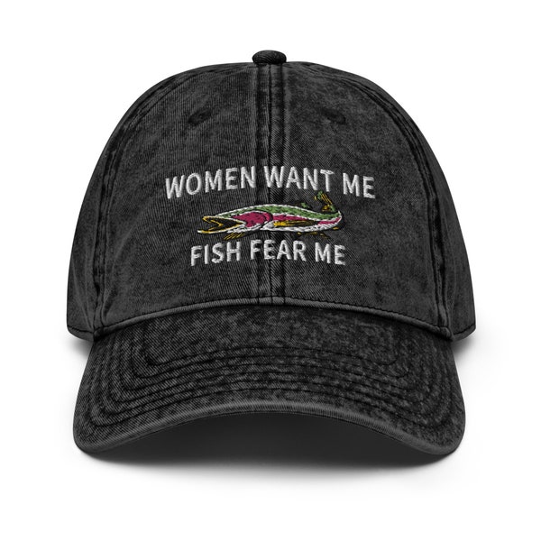 Frauen Want Me Fish Fear Me Bestickte Vintage Baumwolle Köpermütze, Lustige Fischermütze Geschenk für Männer Freund bestickt Papa Mütze mit Forelle Lachs