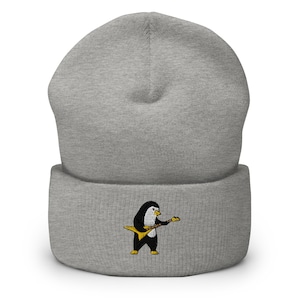 Penguin Playing Guitar Embroidered Cuffed Beanie Hat, Penguin Lover Gift, Penguin Cap, For Women Men, Wildlife, Nature Hat, Bird Lover Gift