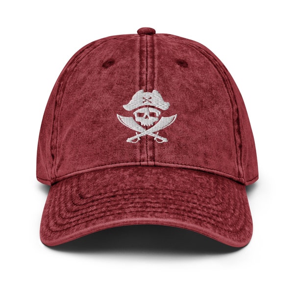 Skull Pirate and Crossbones Embroidered Vintage Cotton Twill Cap, Skull and Bones Cap, Pirate Flag Hat, Skull and Bones Pirate Gift Hat