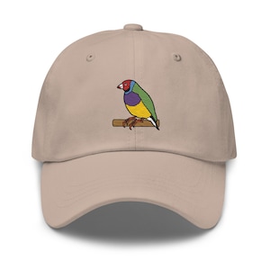 Könnte beinhalten: Eine beige Baseballkappe mit einem gestickten bunten Vogel, der auf einem Ast sitzt. Der Vogel hat einen roten Kopf, einen grünen Körper, einen gelben Bauch und violette Flügel.