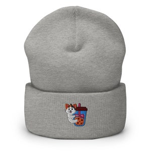 Cute Calico Cat Hug Boba Embroidered Cuffed Beanie,Cat lover Gift,Bubble tea ,Cat Hat,Cat Cap,Funny Donkey,Cat winter,Christmas,kawaii Hat