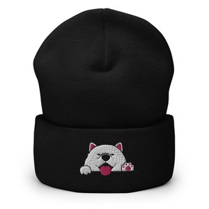 Lindo perro samoyedo bordado gorro con puños, regalo de invierno de punto bordado, dibujos animados Kawaii, lindos amantes del sueño samoyedo, gorro unisex