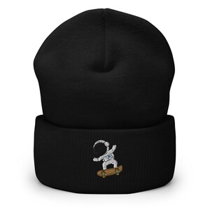 Astronaut Skateboarder Embroidered Cuffed Beanie, Skating Lover Gift, Handmade Cuffed Knit Unisex Slouchy Winter Hat Gifts - Multiple Colors