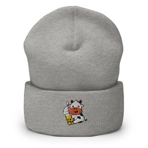 Cute Cow Hug Boba Embroidered Cuffed Beanie, Cow lover Gift,Bubble tea , Cow Hat, Cow Cap, Funny Cow, Cow winter, kawaii Beanie