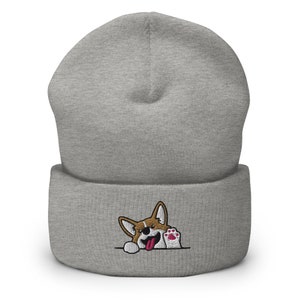 Corgi Embroidered Cuffed Beanie, Corgi Lover Gifts Cute Beanie, Handmade Cuffed Knit Unisex Slouchy Adult Winter Hat Gift - Multiple Colors