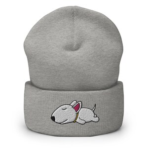 Cute Lazy Bull Terrier Embroidered Cuffed Beanie Hat, Embroidered Beanie Winter Gift, Cartoon Kawaii, Cute Bull Terrier Sleeping Lovers Hats