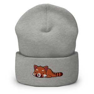 Lindo panda rojo perezoso bordado sombrero de gorro con puños, regalo de invierno de gorro bordado, divertidos dibujos animados Kawaii, lindos sombreros de los amantes del sueño del panda rojo