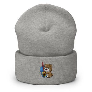 Cute Bulldog Hug Boba Embroidered Cuffed Beanie,Dog lover Gift,Bubble tea ,Dog Hat,Dog Cap,Funny Bulldog,Dog winter,Christmas,kawaii Hat