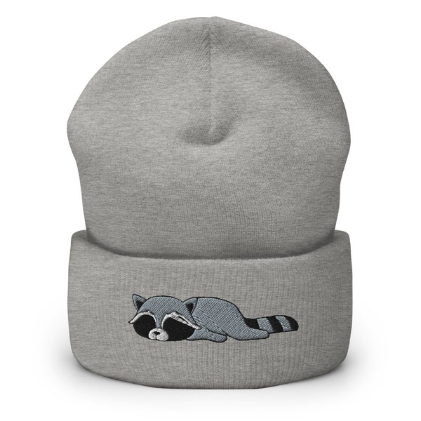 Cute Lazy Raccoon Embroidered Cuffed Beanie, Raccoon hat,Raccoon lover, Raccoon gift, Cute Raccoon, Funny Raccoon, Raccoon winter kawaii Hat