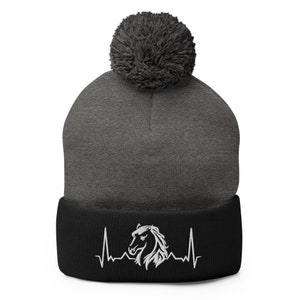 Horse Heartbeat Embroidered Pom-Pom Beanie, Heartbeat Shirts, Horse Cap, Horse Lover, Horse Beanie for Gift, Animal Hat,Horse Love Heart Hat