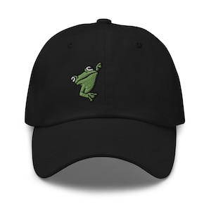 Könnte beinhalten: Eine schwarze Baseballkappe mit einem gestickten grünen Frosch-Design.