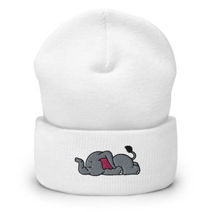 Lazy Elephant Embroidered Cuffed Beanie, Cute Gift For Elephant Lovers Handmade Cuffed Knit Unisex Slouchy Winter Hat Gift - Multiple Colors