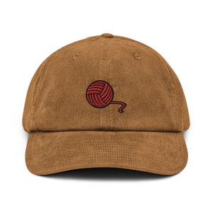 Red Yarn Embroidered Corduroy Hat, Funny Knitting Lover Gift Hat, Handmade Embroidered Corduroy Unisex Dad Cap - Multiple Colors