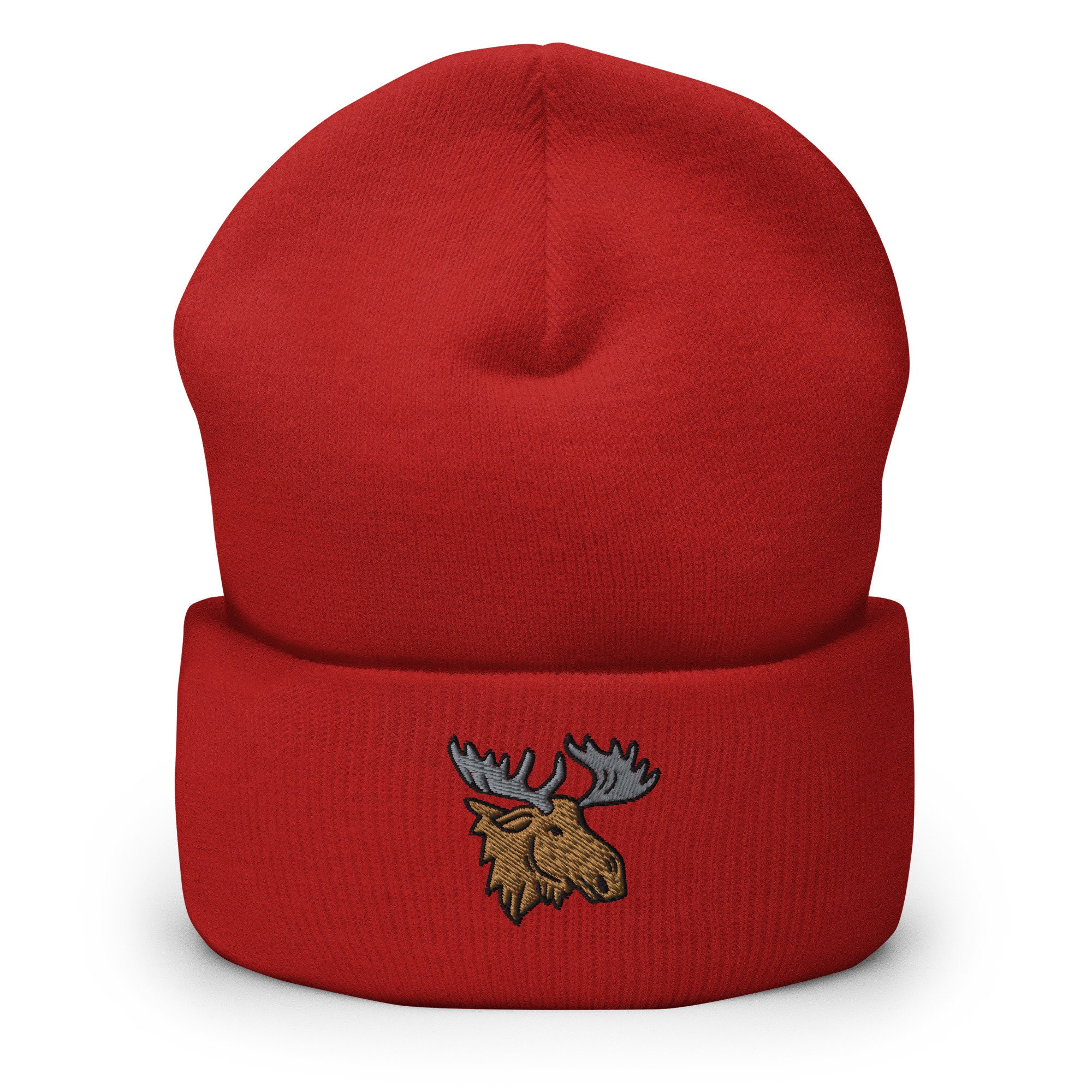 Moose Embroidered Cuffed Beanie, Unisex Winter Hats