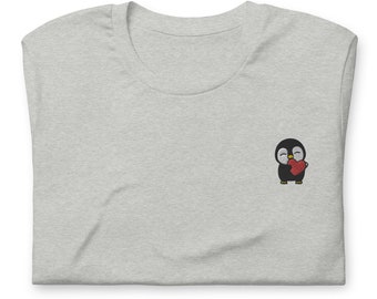 Embroidered Penguin Hugging Heart T-Shirt: Unisex Pinguin Lover Gift