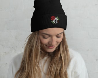 Embroidered Skull Rose Beanie: Cuffed Knit Winter Hat - Etsy