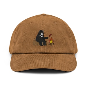 Black Bear Camping Fire Embroidered Hat, Men Women Nature Wildlife, Adjustable Corduroy Hat, Hikng Cap, Mom Dad Gift Caps - Multiple Colors