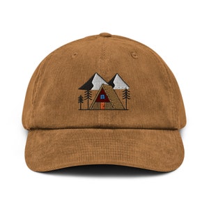 Embroidered Camping Cabin Corduroy Hat: Adjustable Baseball Cap