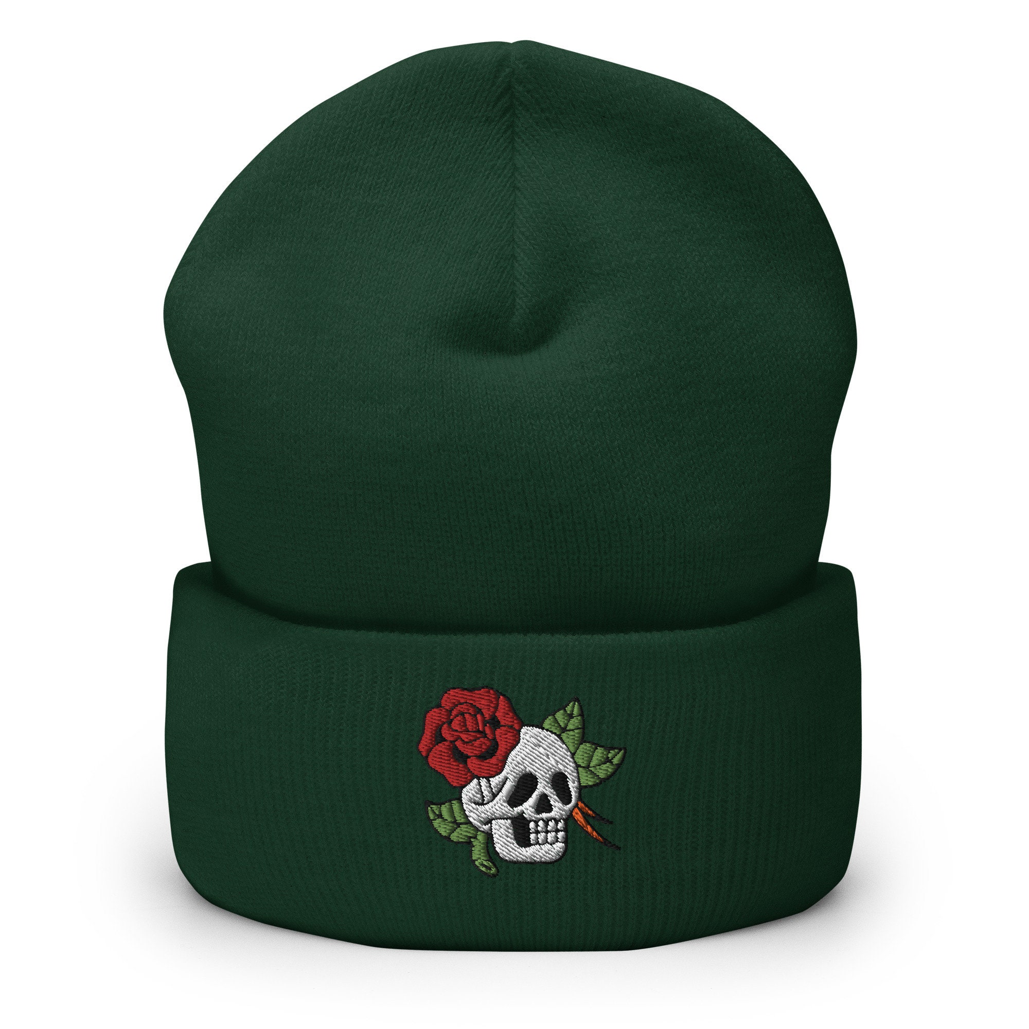 Embroidered Skull Rose Beanie: Cuffed Knit Winter Hat - Etsy