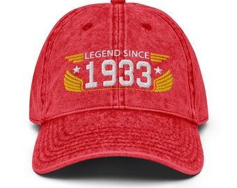 Vintage 1933 Embroidered 90th Birthday Cap - Washed Cotton Soft Crown, Adjustable Snapback, Embroidered In USA