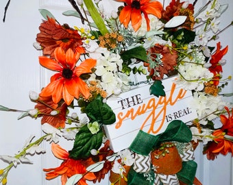 Fall Wreath, Orange green and white floral, Thanksgiving wreath, Autumn Farmhouse Wreath, Front door decor, Simple Fall Decorations