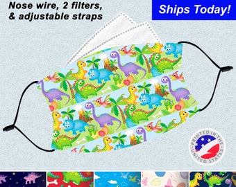 Cute Dinosaur Face Mask, Washable, Adjustable, Reusable, Nose Wire, Filter Pocket and 2 FREE Filters! Available in adult and child sizes.
