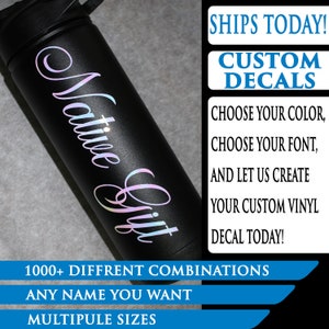 May include: A black stainless steel water bottle with a custom iridescent vinyl decal that says "Native Gift". The decal can be customized with any name and font. 1000+ different combinations are available.