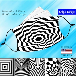 May include: Black and white face mask with a swirling optical illusion pattern. The mask has a nose wire, two filters, and adjustable straps. The text "Ships Today!" and "Printed in the USA" is visible in the image.