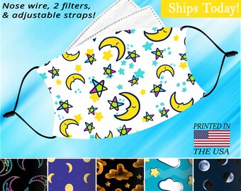 Moon, Face Mask, Washable, Adjustable, Reusable, Nose Wire, Filter Pocket and 2 FREE Filters! Available in both Adult and Child sizes.