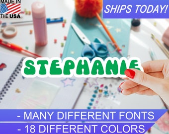 Custom Personalized Vinyl Name Sticker, 4mil, 18 colors, Many Script fonts, Indoor / Outdoor, Waterproof, UV Resistant, Eco Solvent Inks