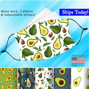 Avocado Face Mask, Washable, Adjustable, Reusable, Nose Wire, Filter Pocket and 2 FREE Filters! Available in both Adult and Child sizes.