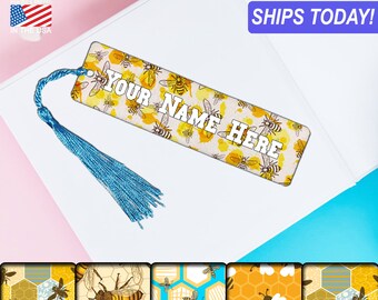 Bee, Personalized Felt Fabric Bookmark, choice of Tassel, choice of font & font color, printed both sides, gift for book lovers