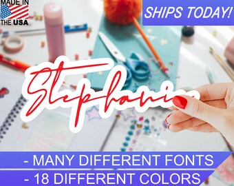 Custom Personalized Vinyl Name Sticker, 4mil, 18 colors, Many Script fonts, Indoor / Outdoor, Waterproof, UV Resistant, Eco Solvent Inks