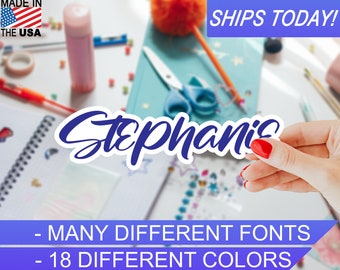 Custom Personalized Vinyl Name Sticker, 4mil, 18 colors, Many Script fonts, Indoor / Outdoor, Waterproof, UV Resistant, Eco Solvent Inks