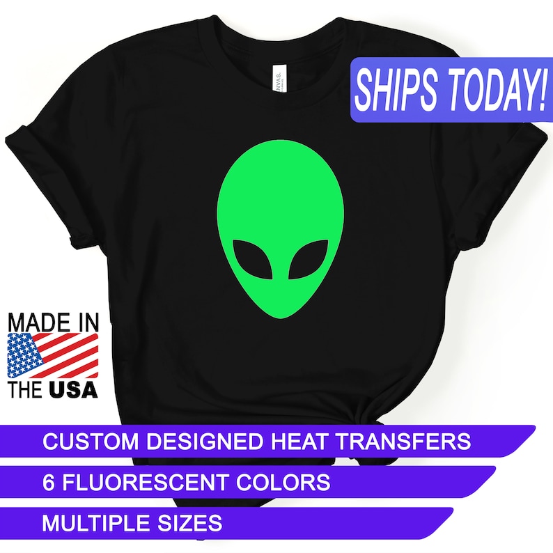 Fluorescent Alien Head, Heat Transfers, Custom Designed Iron Ons, CPSIA ...