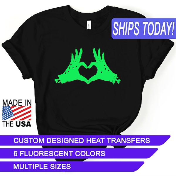 Fluorescent Zombie Heart Hands, Heat Transfers, Custom Designed Iron Ons, CPSIA Certified Child Safe, Use on Cotton, Polyester, and Leather