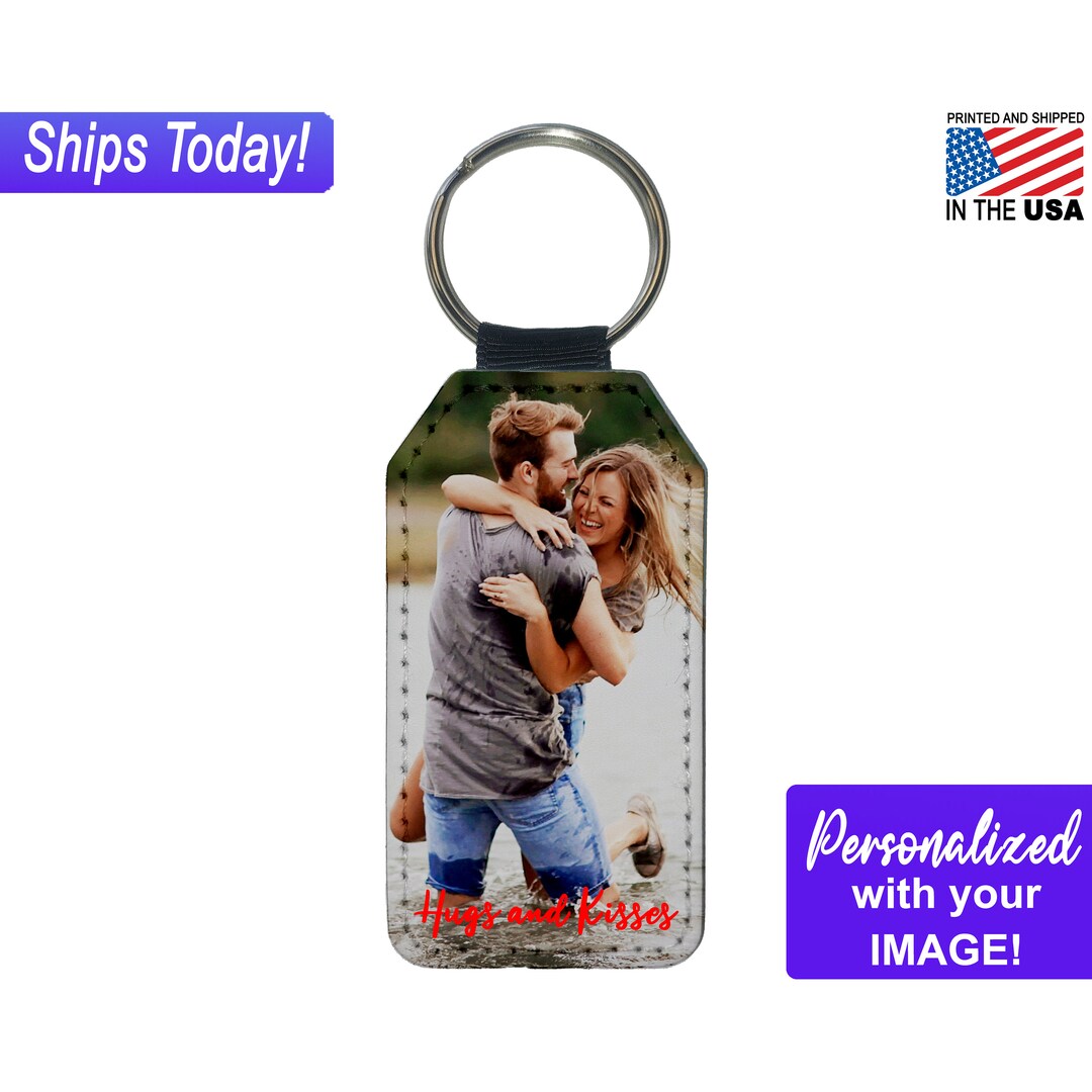 Hugs and Kisses, Personalized Photo Keychain, 2-piece PU Vegan Leather ...
