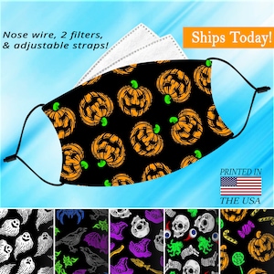 Halloween Doodle Fun, Face mask, Adjustable, Washable and Reusable, NoseWire, Filter Pocket and 2 Free Filters, in Adult and Child Sizes.
