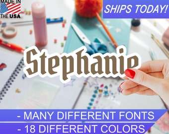 Custom Personalized Vinyl Name Sticker, 4mil, 18 colors, Many Script fonts, Indoor / Outdoor, Waterproof, UV Resistant, Eco Solvent Inks