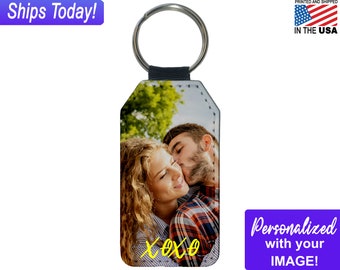 XOXO, Personalized Photo Keychain, 2-piece PU Vegan Leather Photo Keychain with 1" key Ring, Custom Gifts for Family and Friends
