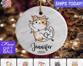 Cute Christmas Cat, Custom Personalized Ceramic Stone Christmas Ornament, Gold Colored Ribbon, Choice of FREE Gift BAG!