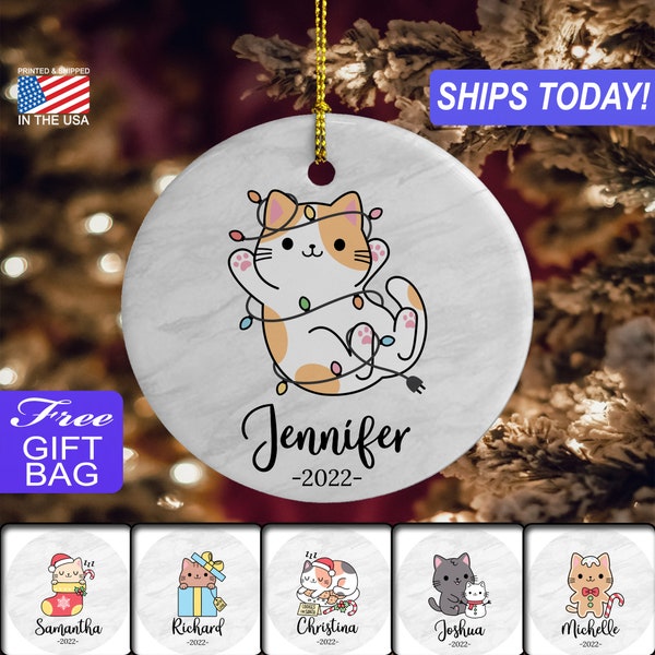 Cute Christmas Cat, Custom Personalized Ceramic Stone Christmas Ornament, Gold Colored Ribbon, Choice of FREE Gift BAG!